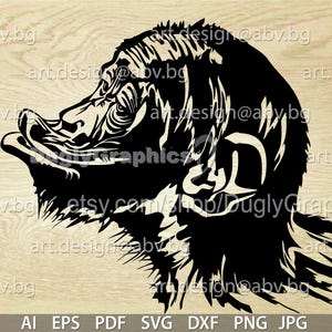 May include: Black and white silhouette of a monkey's head with a large, expressive mouth and a furrowed brow. The monkey's fur is depicted with a textured pattern.