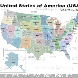 May include: A map of the United States of America showing the capital cities of each state. The map is divided into states with different colors. The map also includes Alaska and Hawaii.