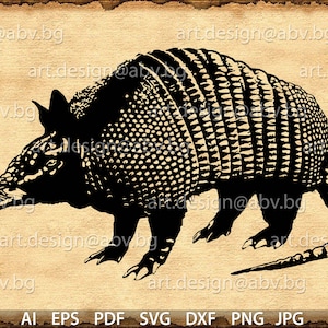 May include: A black and white silhouette of an armadillo with a segmented shell. The armadillo is walking with its tail curled up.