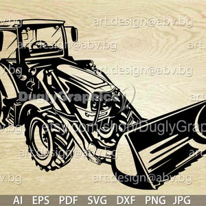May include: A black graphic illustration of a tractor with a front loader bucket, featuring large treaded tires, a cabin with a steering wheel, and a hood. The design is presented on a light wood grain background with repeating watermark text.