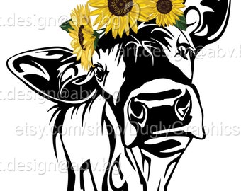 Mucca vettoriale con girasoli testa di vitello giovenca AI PNG eps pdf svg dxf jpg Download istantaneo Stampa artistica giovenca con girasole