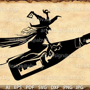 May include: A black silhouette of a witch riding a bottle with a pointed hat and long flowing hair.