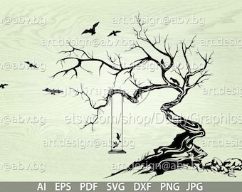 Winter Tree Vector Art with Birds, Swing (Digital Download)