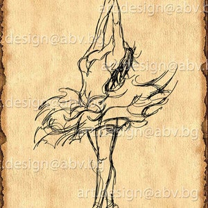 May include: A black and white line drawing of a ballerina in a tutu, with her arms raised above her head and her legs in a graceful pose. The drawing is on a textured, beige background.
