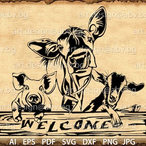 Vector ANIMAL FARM, text, ai, eps, pdf, svg, dxf, png, jpg Download, Digital image, graphical, animal, cow, pig, welcome, goat