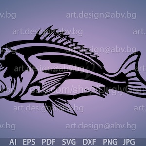 May include: Black and white silhouette of a fish with a sharp fin and a wide mouth. The fish is facing left and has a detailed design.