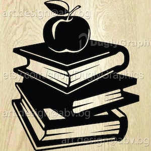 Może przedstawiać: Czarno-biała ilustracja stosu trzech książek z czerwonym jabłkiem na górze. Jabłko ma liść na łodydze.