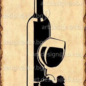 May include: A black and white silhouette of a wine bottle and a wine glass with a grapevine design. The bottle and glass are on a vintage background.
