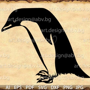 May include: Black silhouette of a penguin standing on a white background. The penguin is facing left and has a long beak.