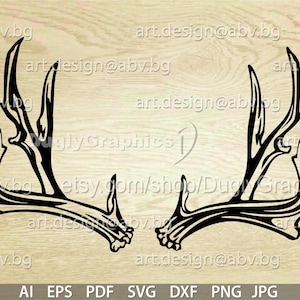 May include: Black and white silhouette of a pair of deer antlers. The antlers are symmetrical and have a detailed, intricate design.