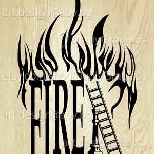 May include: Black and white silhouette of a fire hydrant with a ladder and flames. The text "FIRE FIGHTER" is below the image.