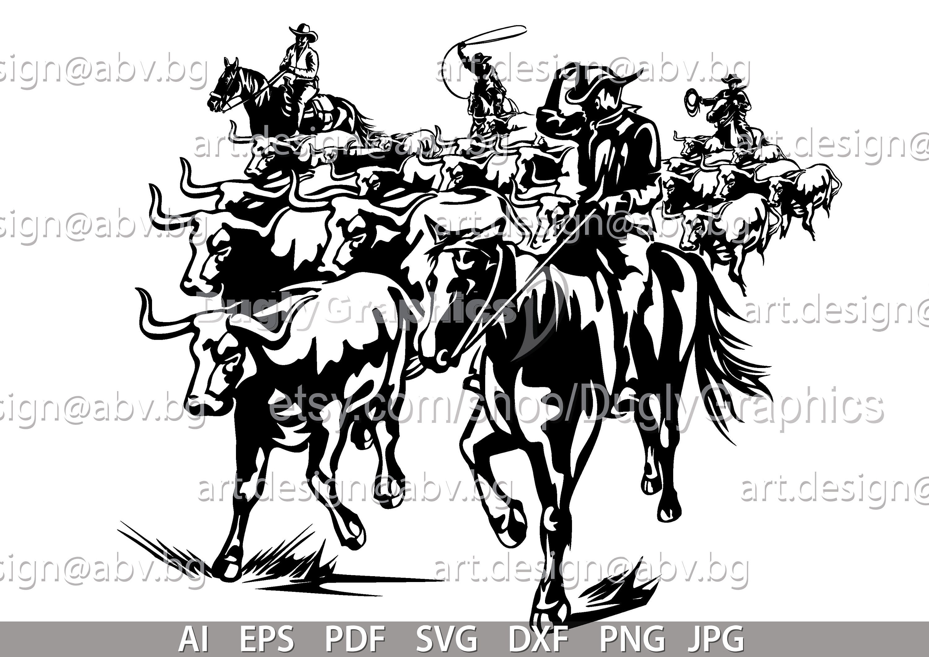 Vector CATTLE DRIVE, Cowboys With a Herd of Cattle, Neat, Ox, AI, Png, Eps,  Pdf, Svg, Dxf, Jpg Instant Download, Art Print Rodeo - Etsy, image size:3000x2121