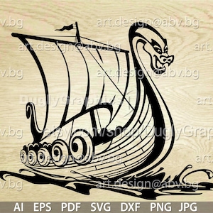 May include: Black and white illustration of a Viking ship with a dragon head prow sailing on the waves.