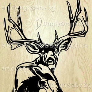 Peut inclure: Silhouette noire et blanche d'un cerf avec de grands bois, regardant directement le spectateur. Le cerf est couché, la tête levée. L'arrière-plan est un grain de bois clair.
