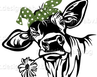 Vector COW with bandana and flower calf head AI PNG eps pdf svg dxf jpg svg cow graphical image Art Print heifer muzzle funny
