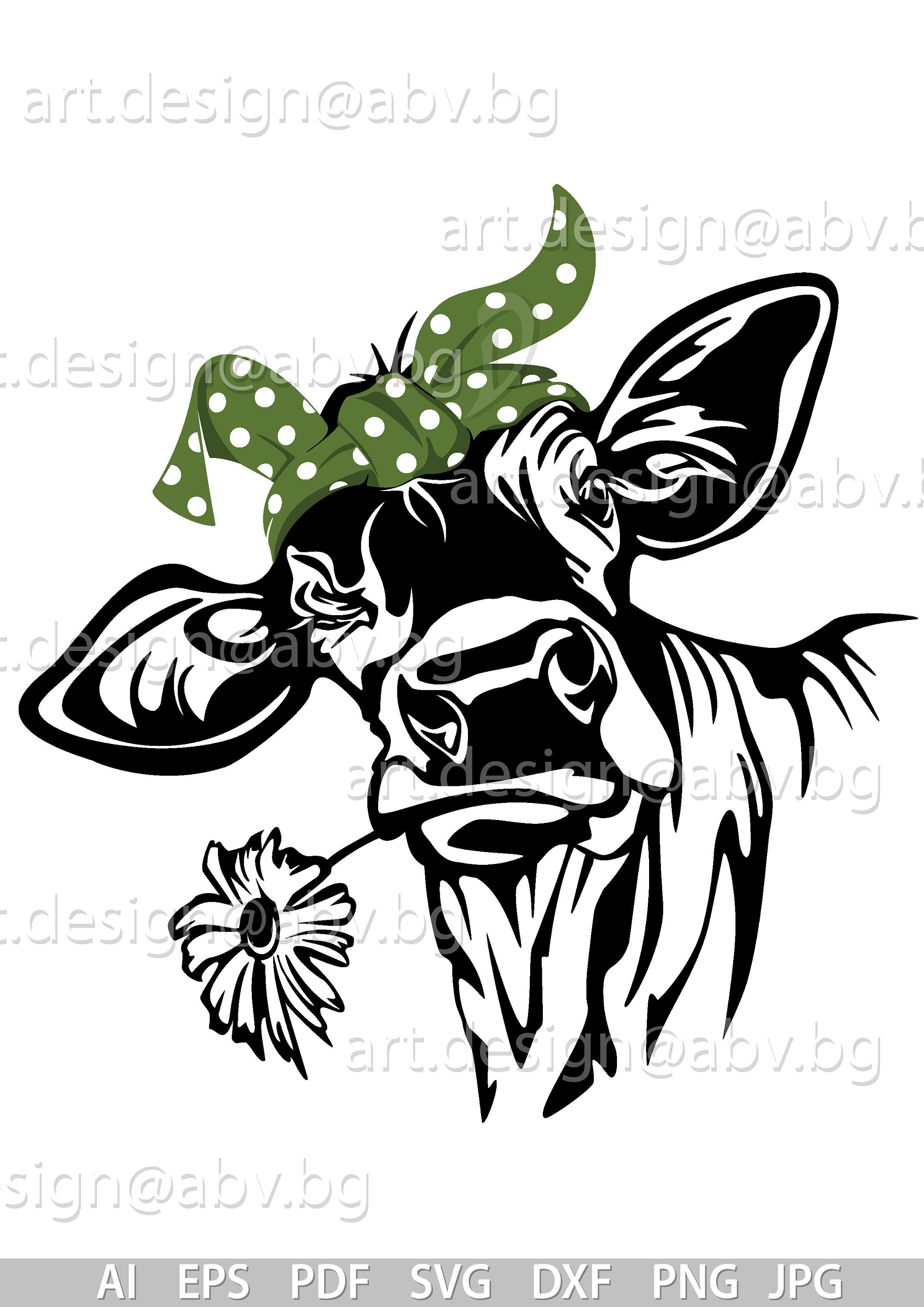 Vector COW with bandana and flower, calf, head, AI, PNG, eps, pdf, sv…
