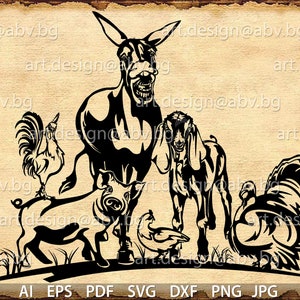 Vector ANIMAL FARM, grass, ai, eps, pdf, svg, dxf, png, jpg Download, Digital, graphical, donkey, pig, welcome, rooster, hen, turkey, goat