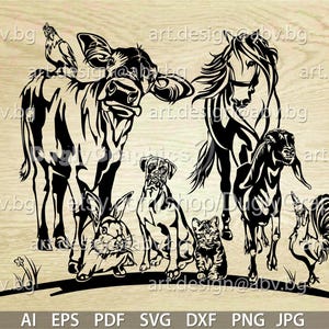 Vector ANIMAL FARM, cow, horse, boxer, goat, rabbit, rooster, hen, cat, ai eps pdf svg dxf png jpg Download Digital image graphical