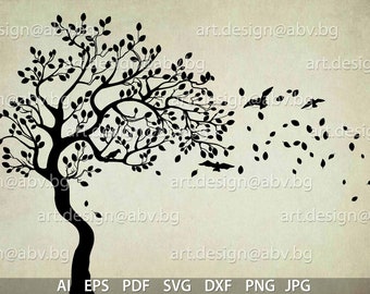 Vector AUTUMN TREE and birds, AI, png, eps, pdf, svg, dxf, jpg Download, Digital image, graphical,  discount coupons