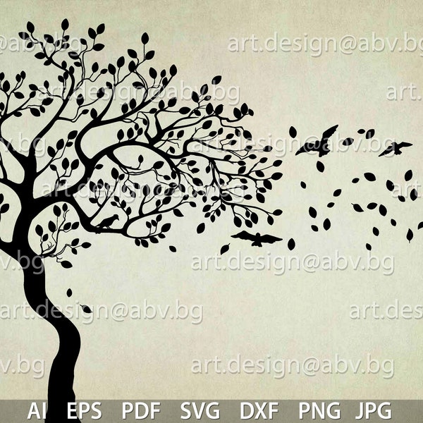 Vector AUTUMN TREE et oiseaux, AI, png, eps, pdf, svg, dxf, jpg Télécharger, Image numérique, graphique, coupons de réduction