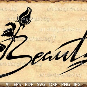 May include: Black and white silhouette of a rose with thorns and the word "Beauty" written in a stylized font.