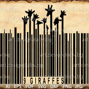 May include: A black and white barcode with the text "9 GIRAFFES" below it. The barcode is made up of vertical lines of varying widths. The text is in a bold, sans-serif font.