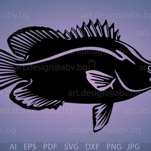 May include: Black silhouette of a fish with a spiky dorsal fin and a large mouth. The fish is facing right and has a detailed fin pattern.