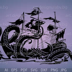 May include: A black and white silhouette of a ship being pulled down by a giant octopus. The ship has multiple masts and sails. The octopus has many tentacles.
