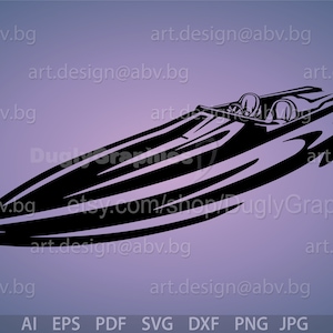 May include: Black vector illustration of a speedboat on a purple background. The boat has a sleek design with a cockpit and steering wheel. Text includes "DuglyGraphics" and various file format options.