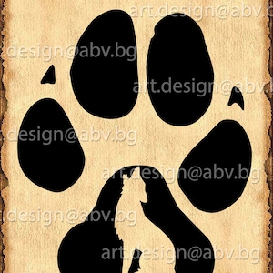 May include: Black silhouette of a wolf's paw print with a wolf sitting inside the print. The background is a brown, textured paper.