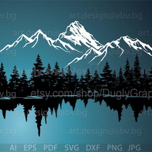 Puede incluir: Una ilustración digital de una cordillera nevada reflejada en un lago. Las montañas son blancas con un cielo azul detrás de ellas. Un bosque verde oscuro de pinos se encuentra en primer plano.