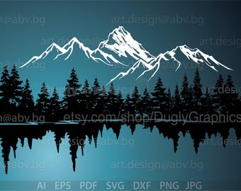 Grafica vettoriale del lago di montagna: cime innevate, conifere (download digitale)