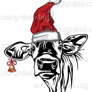 Vector COW with Christmas hat and bell, colored, calf, head, AI, PNG, eps, pdf, svg, dxf, jpg Instant Download, Santa cow