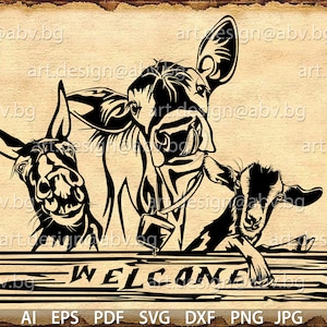 Vector ANIMAL FARM, ai, eps, pdf, svg, dxf, png, jpg Download, Digital image, graphical, animal, cow, donkey, goat, welcome