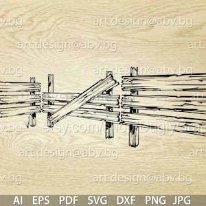 May include: A black and white line drawing of a wooden fence with a broken section. The fence is made of horizontal planks with vertical posts. The broken section is leaning against the rest of the fence.