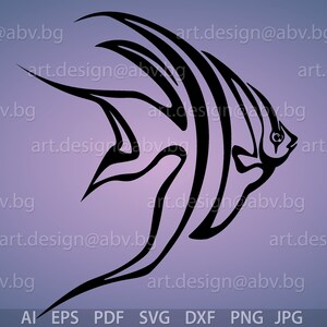 May include: Black and white silhouette of a stylised fish with a striped pattern. The fish is facing right and has a curved tail.