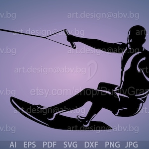 May include: Silhouette of a person wakeboarding, holding onto a rope attached to a boat. The person is wearing a life vest and is in mid-air, with their legs extended and their arms outstretched. The wakeboard is visible beneath the person's feet.