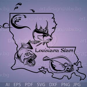 Vector LOUISIANA SLAM, AI, eps, pdf, png, svg, dxf, jpg afbeelding afbeelding digitale download artwork, gestileerde forel, rode vis, bot