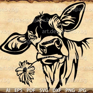 Vector COW with flower, calf, head, AI, PNG, eps, pdf, svg, dxf, jpg, svg cow, graphical image Art Print, heifer, muzzle, funny