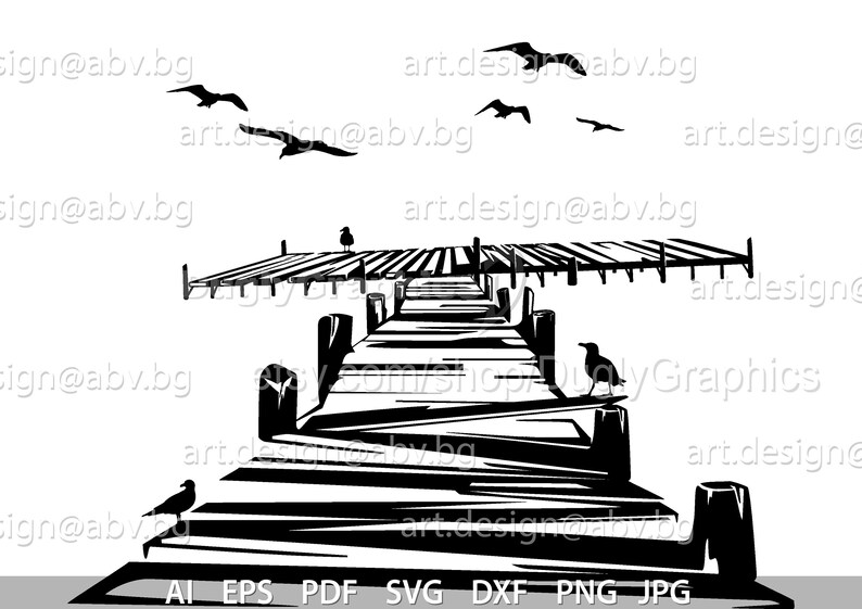 Quay Vector Wooden Quay Vector Image: Sunset Birds Graphic (digital Download) - Etsy