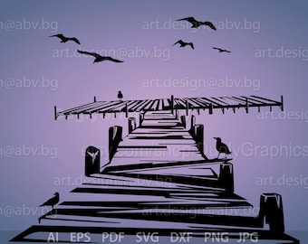 Immagine vettoriale di un molo in legno: uccelli al tramonto (download digitale)