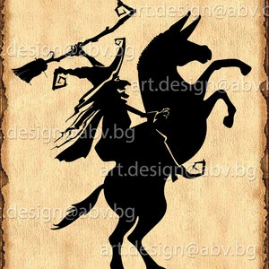 May include: A black silhouette of a witch riding a donkey. The witch is holding a broom and a lantern. The donkey is rearing up on its hind legs.