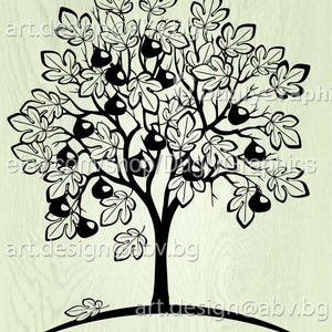 May include: Black and white fig tree illustration with leaves and fruit. The tree is on a slight hill, with the text "art.design@abv.bg" repeated around the image. The image is available in AI, EPS, PDF, SVG, DXF, PNG, and JPG formats.
