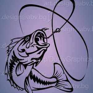 May include: Black and white silhouette of a fish with its mouth open, hooked on a fishing line. The fish is facing the right side of the image. The fishing line is curved and forms a loop above the fish.