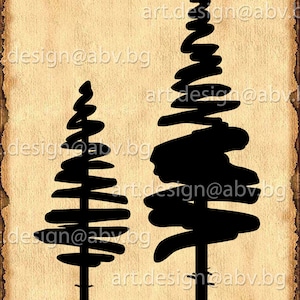 Könnte beinhalten: Zwei schwarze stilisierte Baum-Silhouetten auf einem Hintergrund im Pergamentstil. Die Bäume haben ein minimalistisches Design, mit dem Text "art.design@abv.bg", der sich über das Bild wiederholt. Der untere Teil des Bildes enthält Dateityp-Symbole.