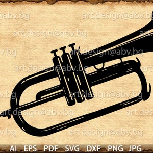 May include: A black silhouette of a trumpet with a bell-shaped mouthpiece. The trumpet is angled to the right and has a long, curved tube.