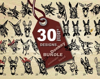 30 Bundle di grafica vettoriale nera con testa d'asino, animale (download digitale)