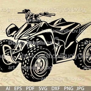 Puede incluir: Silueta en blanco y negro de un ATV, o vehículo todo terreno, con cuatro ruedas. El ATV está orientado hacia el lado derecho de la imagen. El ATV tiene un neumático delantero grande y un neumático trasero más pequeño.