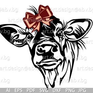 Vector COW with ribbon, calf, head, AI, PNG, eps, pdf, svg, dxf, jpg, svg cow, graphical image Art, heifer, muzzle, funny