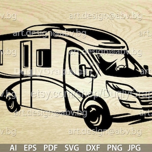 Pode incluir: Ilustração em preto e branco de uma autocaravana. A autocaravana tem um pára-brisas grande, uma porta do lado do motorista e uma janela grande do lado do passageiro. A autocaravana está sobre um fundo de madeira.